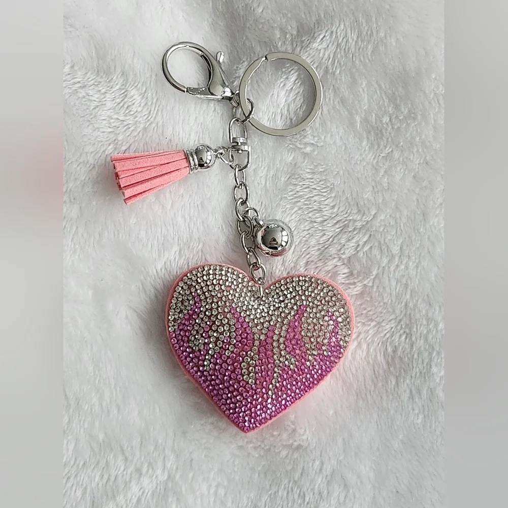Pink and Silver Flaming Heart Rhinestone Keychain Bag Charm